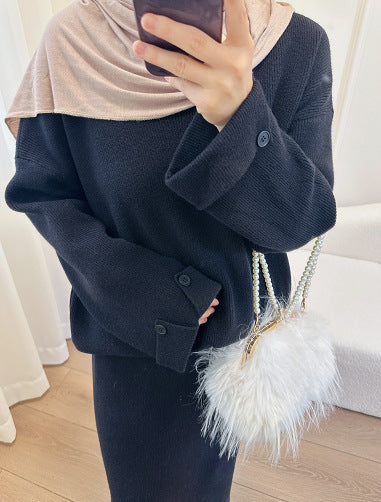 HA6597 Autumn and winter thickened knitted suit solid color two-piece suit (excluding headscarf) top + skirt