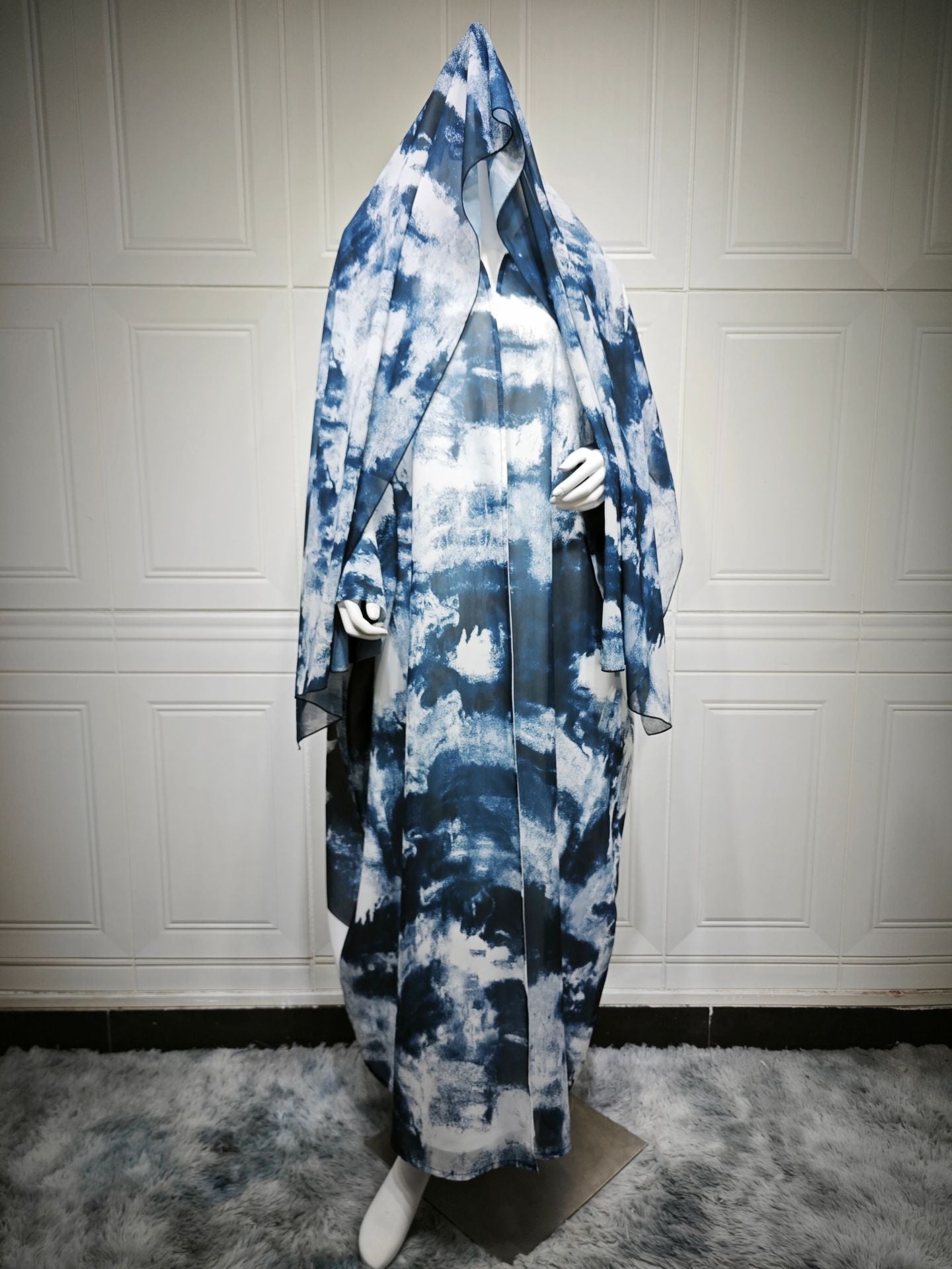 HA6638 Chiffon Printed Cardigan Two-piece Long Coat with Headscarf
