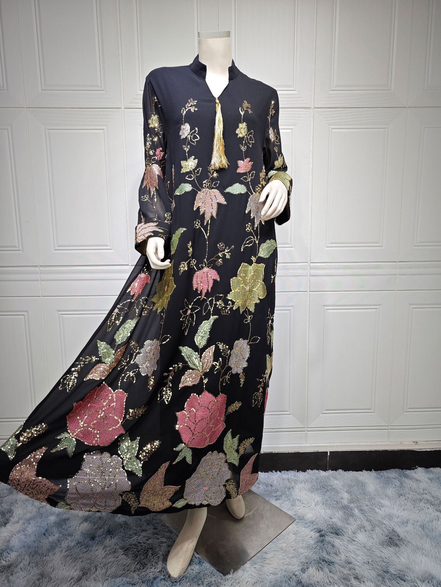 HA6649 Sequined Embroidered Tassel Long Robe, Elegant and Sophisticated Dress