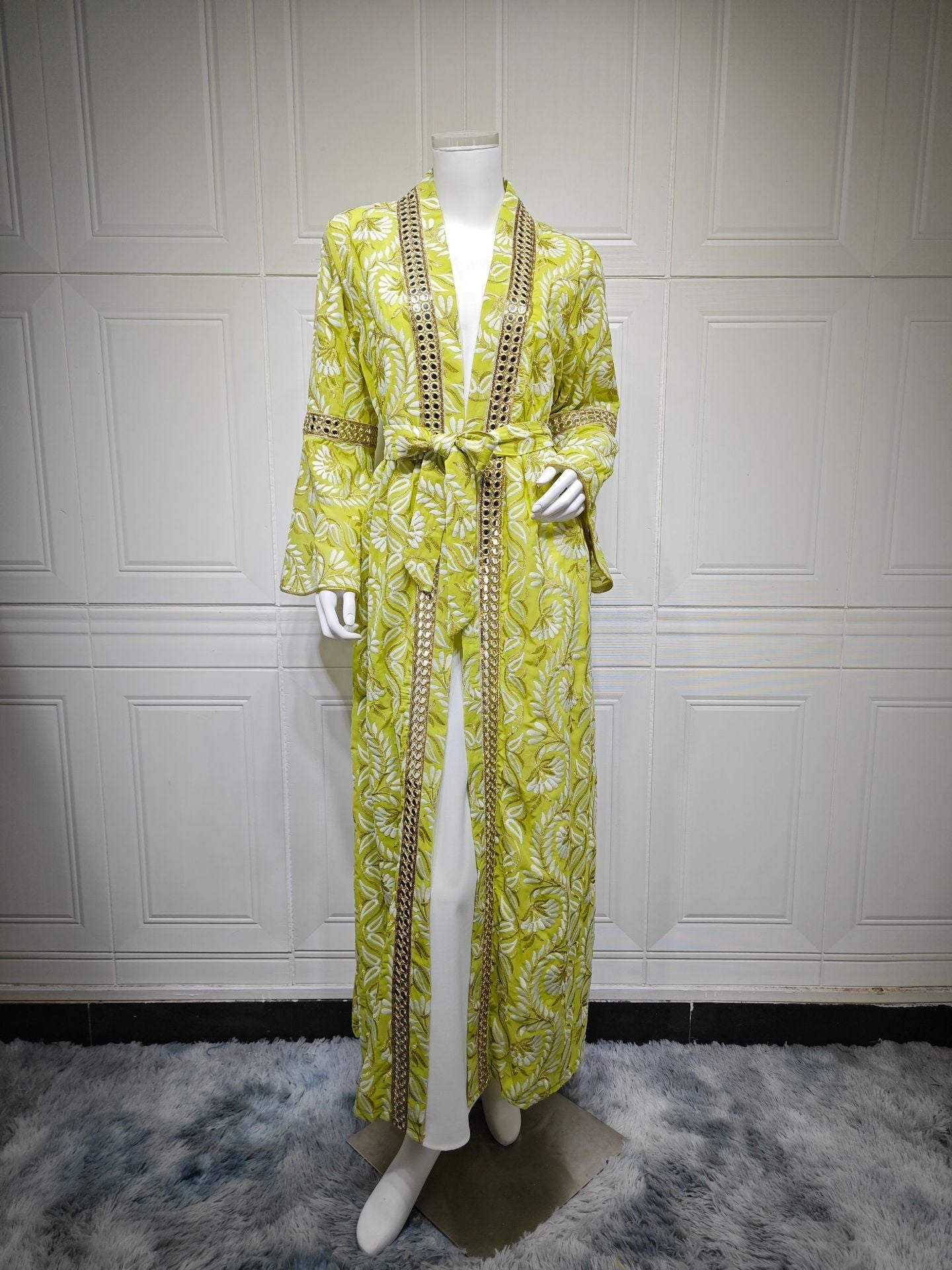 HA6664 Waist-cinching belted long dress set with lightweight printed jacket