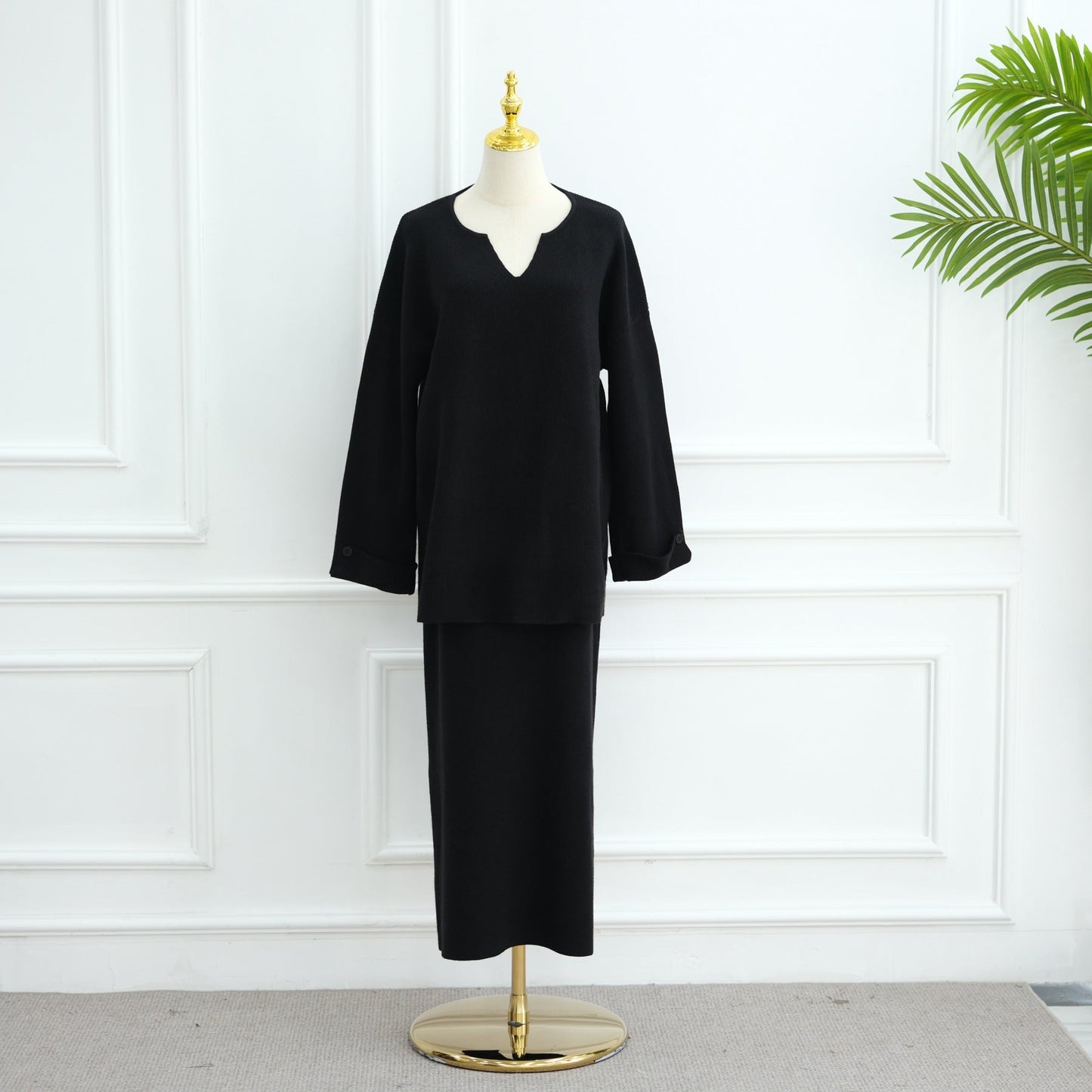 HA6597 Autumn and winter thickened knitted suit solid color two-piece suit (excluding headscarf) top + skirt