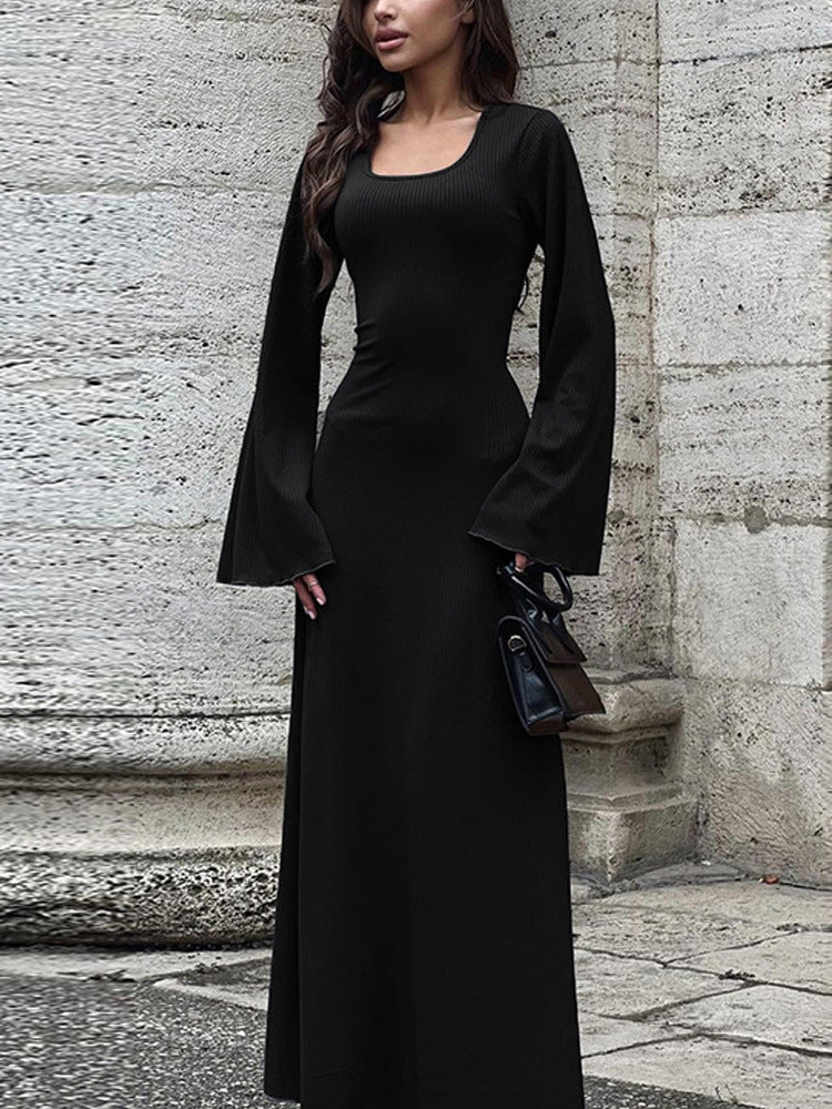 HAYA HAYA0676 Flared Long Sleeved High Waist Maxi Skirt with Lace-up Back