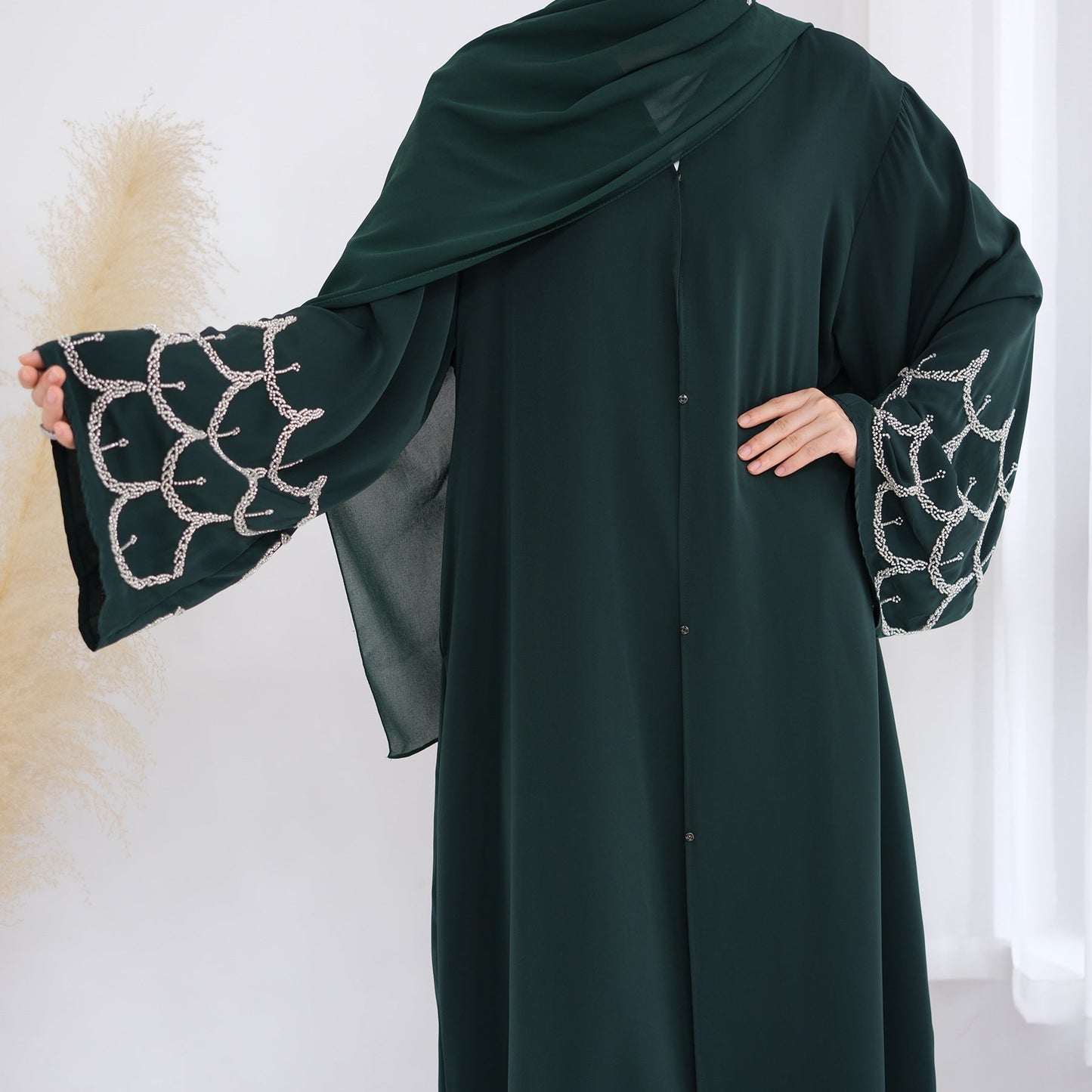 HA6608 Solid Color Hand-beaded Long Cardigan (headscarf Not Included)