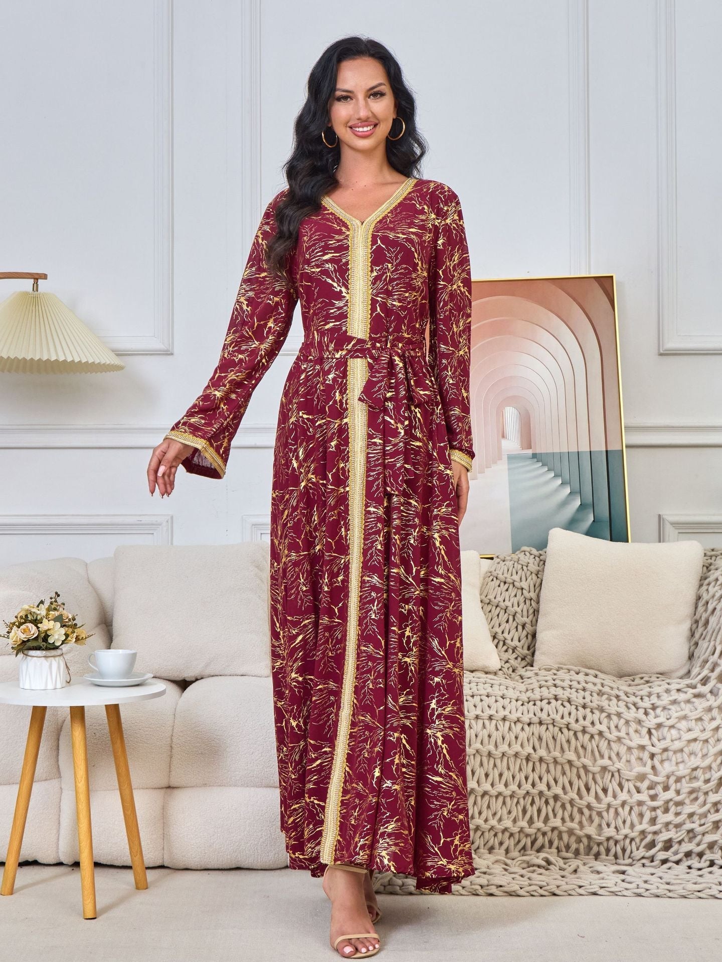 HS6731 V-neck gold-embroidered robe maxi dress