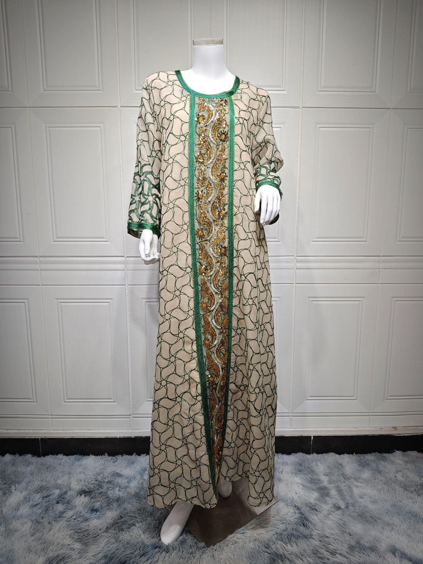 HA6668 A Simple and Elegant Long Dress Adorned with Mesh Embroidery.