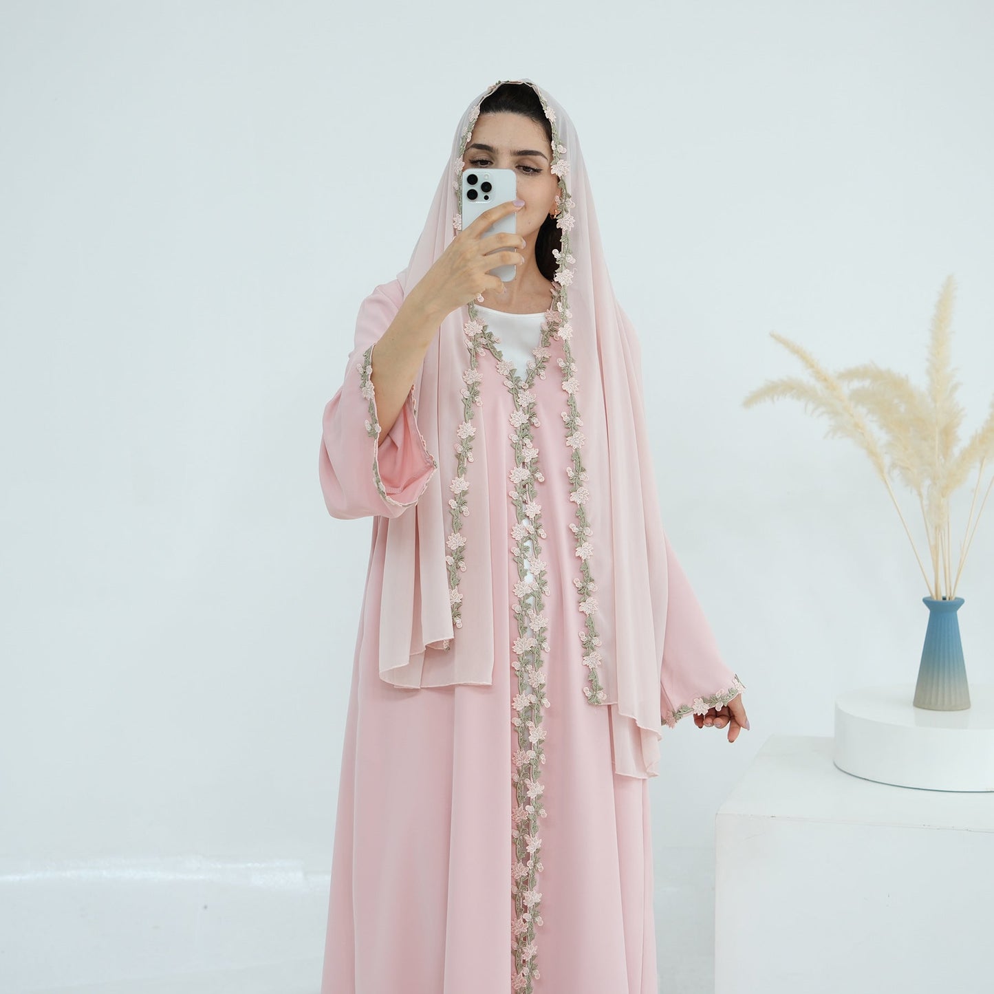 HA6618 Pink Flower Stitching Cardigan Two-Piece Set (Including Headscarf)