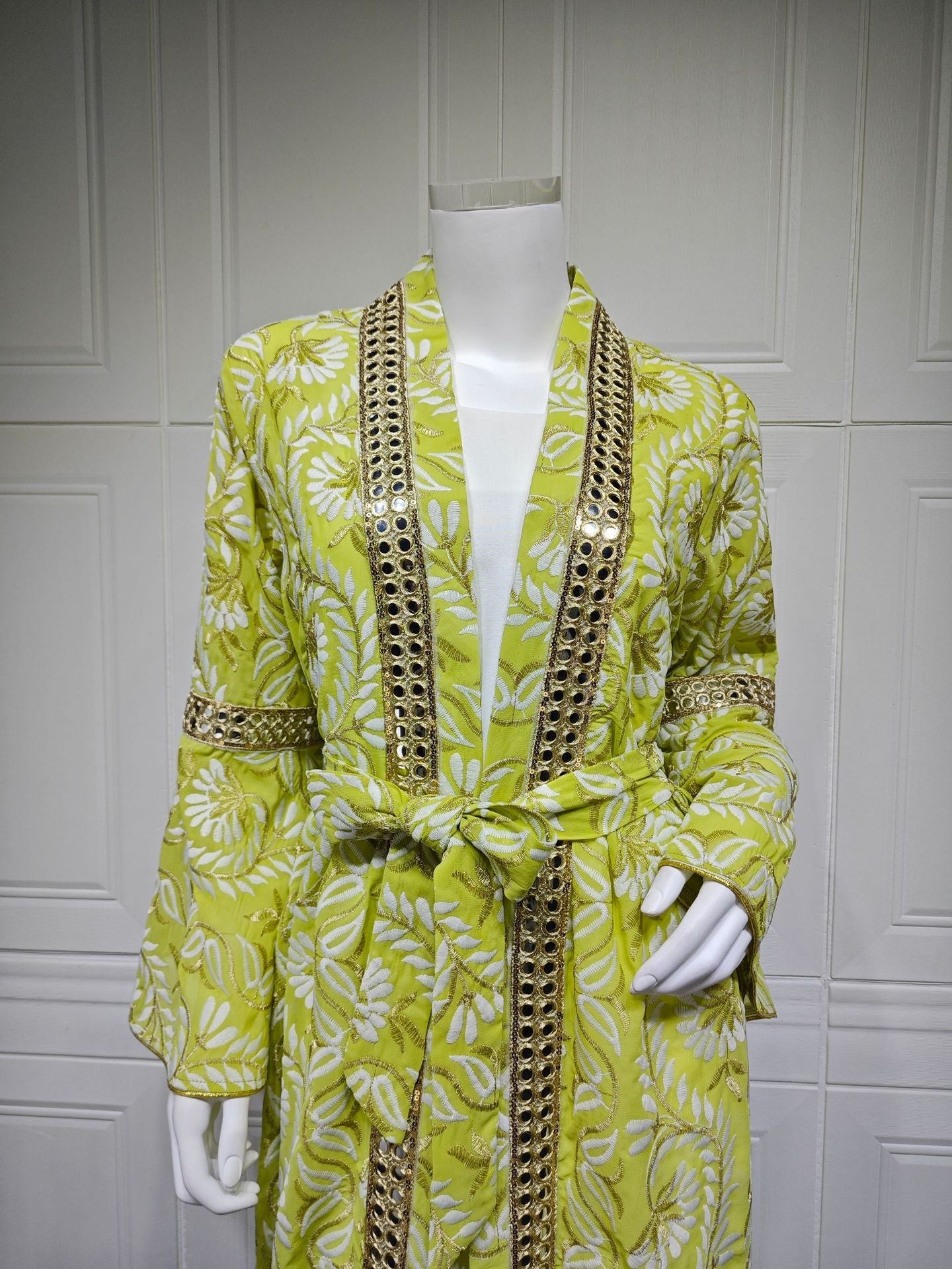 HA6664 Waist-cinching belted long dress set with lightweight printed jacket