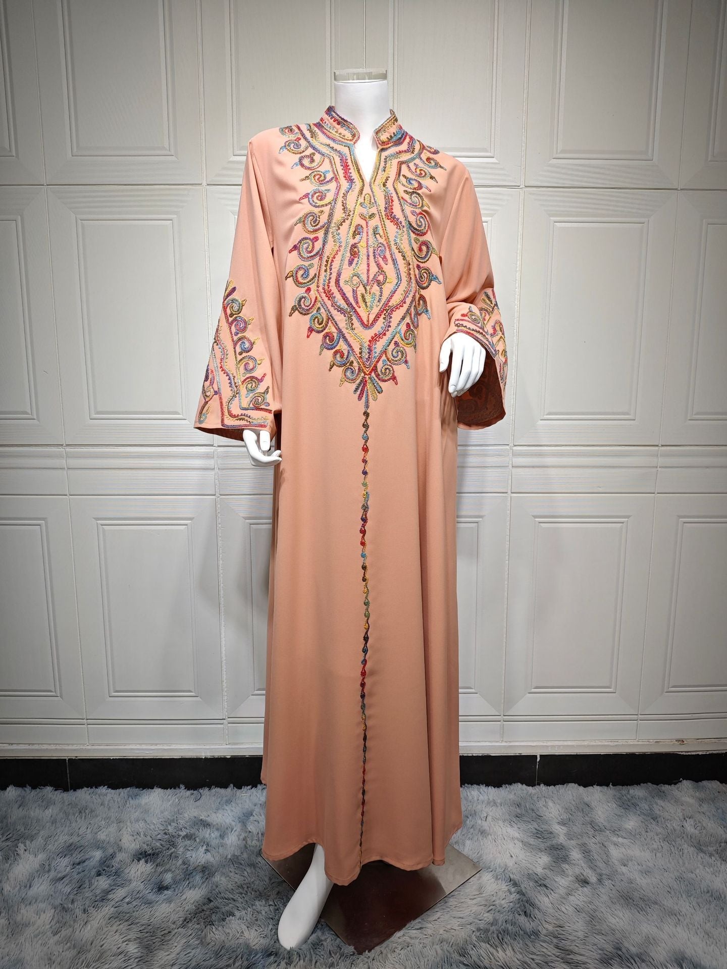 HA6669 Pullover Embroidered Robe Dress with Simple Long Sleeves