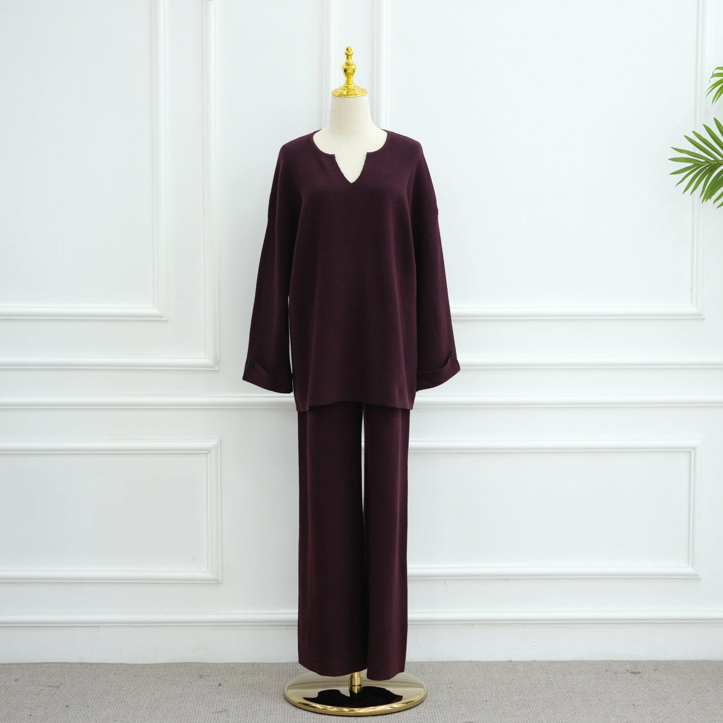 HA6600 Autumn and winter thickened knitted suit solid color two-piece suit (headscarf not included) cuff button design