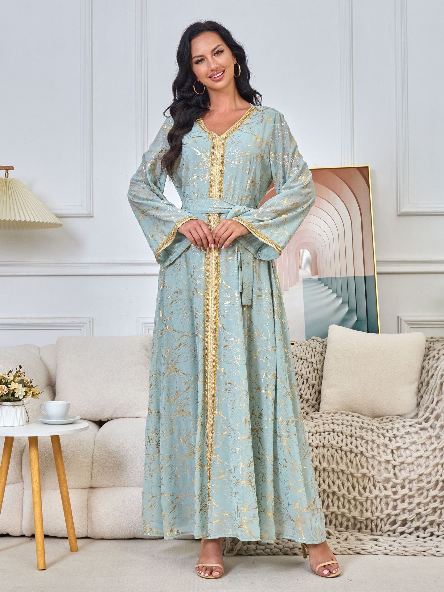 HS6731 V-neck gold-embroidered robe maxi dress