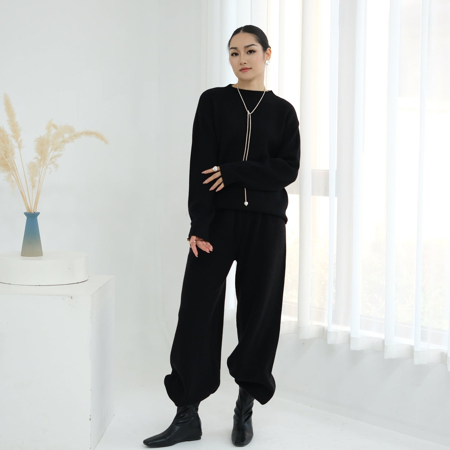 HA6595 Autumn and Winter Thickened Knitted Suit (Not Including Headscarf) | Simple Solid Color Two-Piece Suit