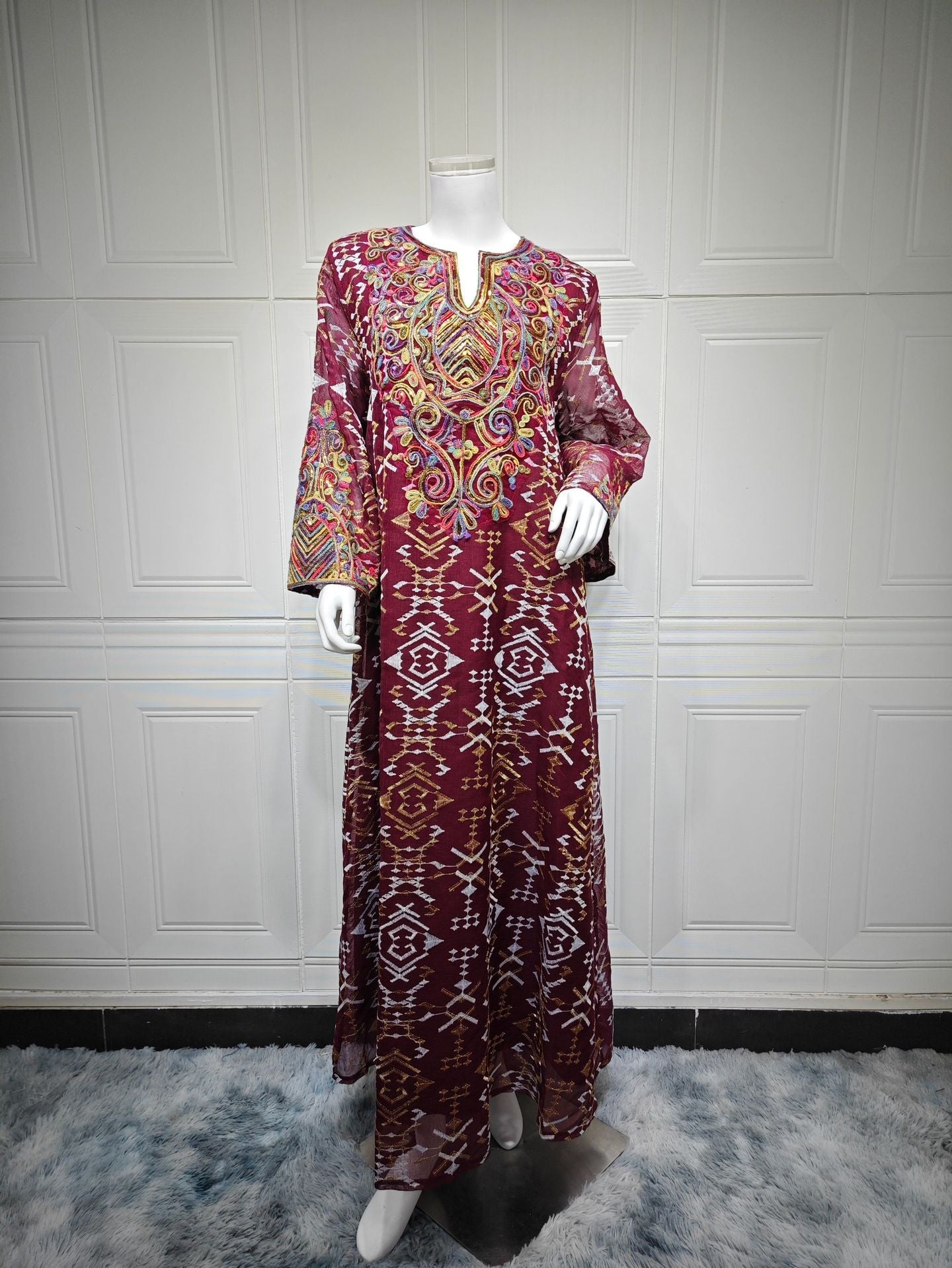 HA6663 Mesh Embroidery Patchwork Long-sleeved Dress, Robe-style Loose Fit
