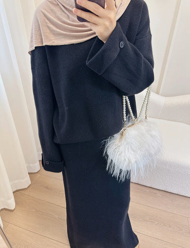 HA6597 Autumn and winter thickened knitted suit solid color two-piece suit (excluding headscarf) top + skirt