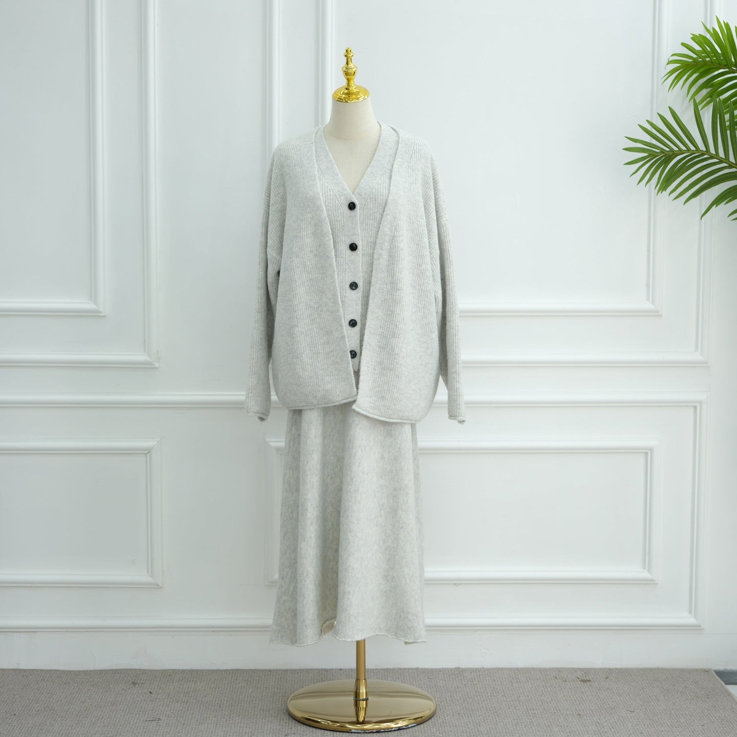 HA6596 Autumn and winter thickened knitted three-piece suit (excluding headscarf) vest + cardigan + skirt
