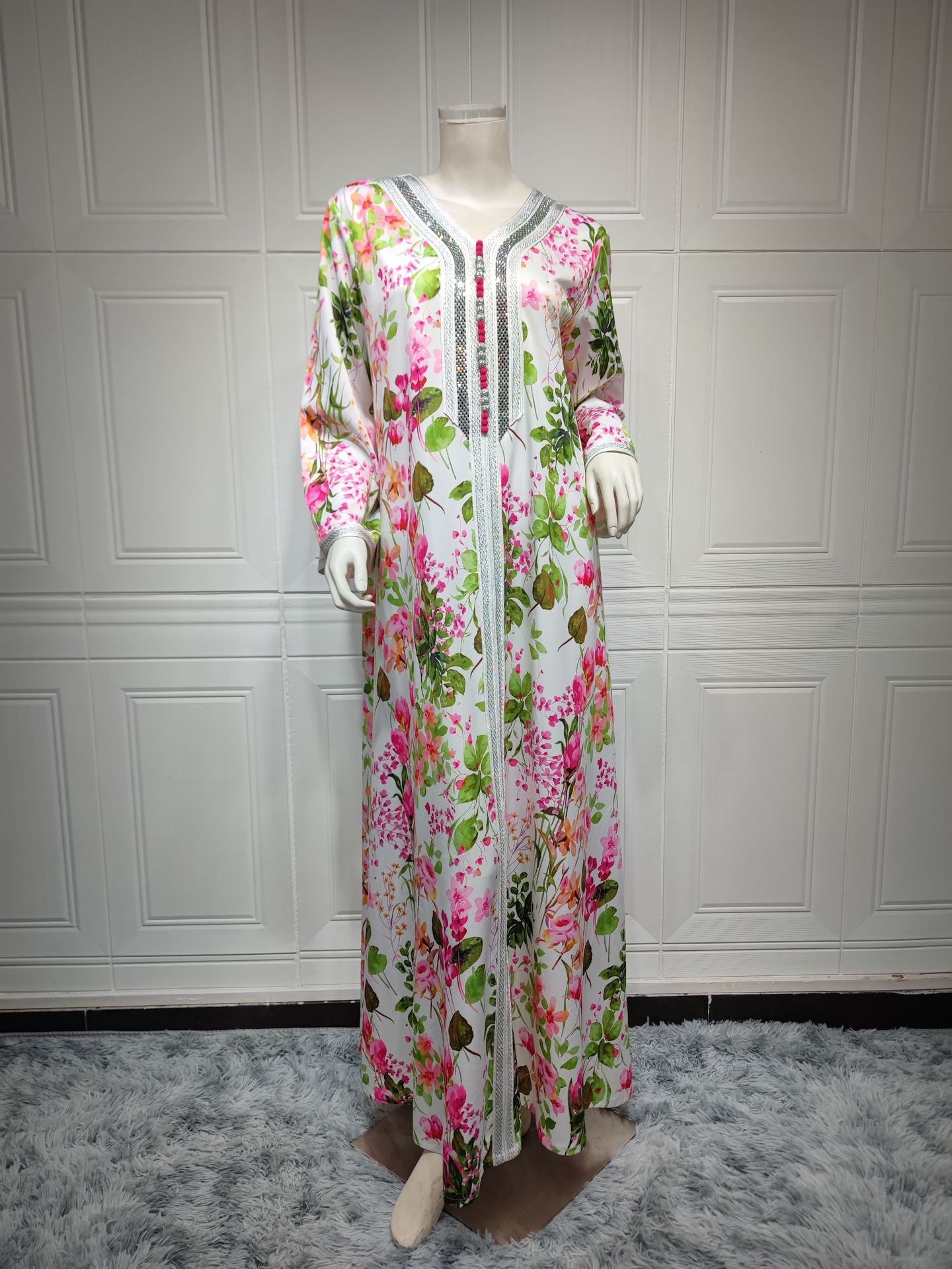 HAYA HAYA1075 Abaya Robe New Printed Rhinestone Dress