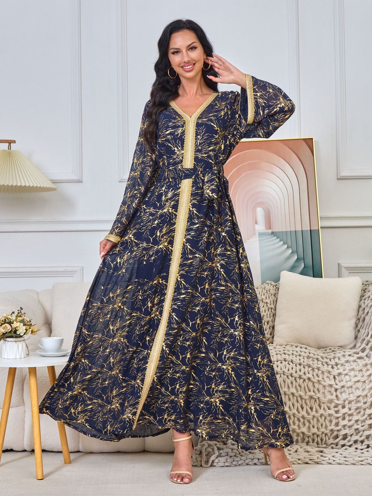 HS6731 V-neck gold-embroidered robe maxi dress