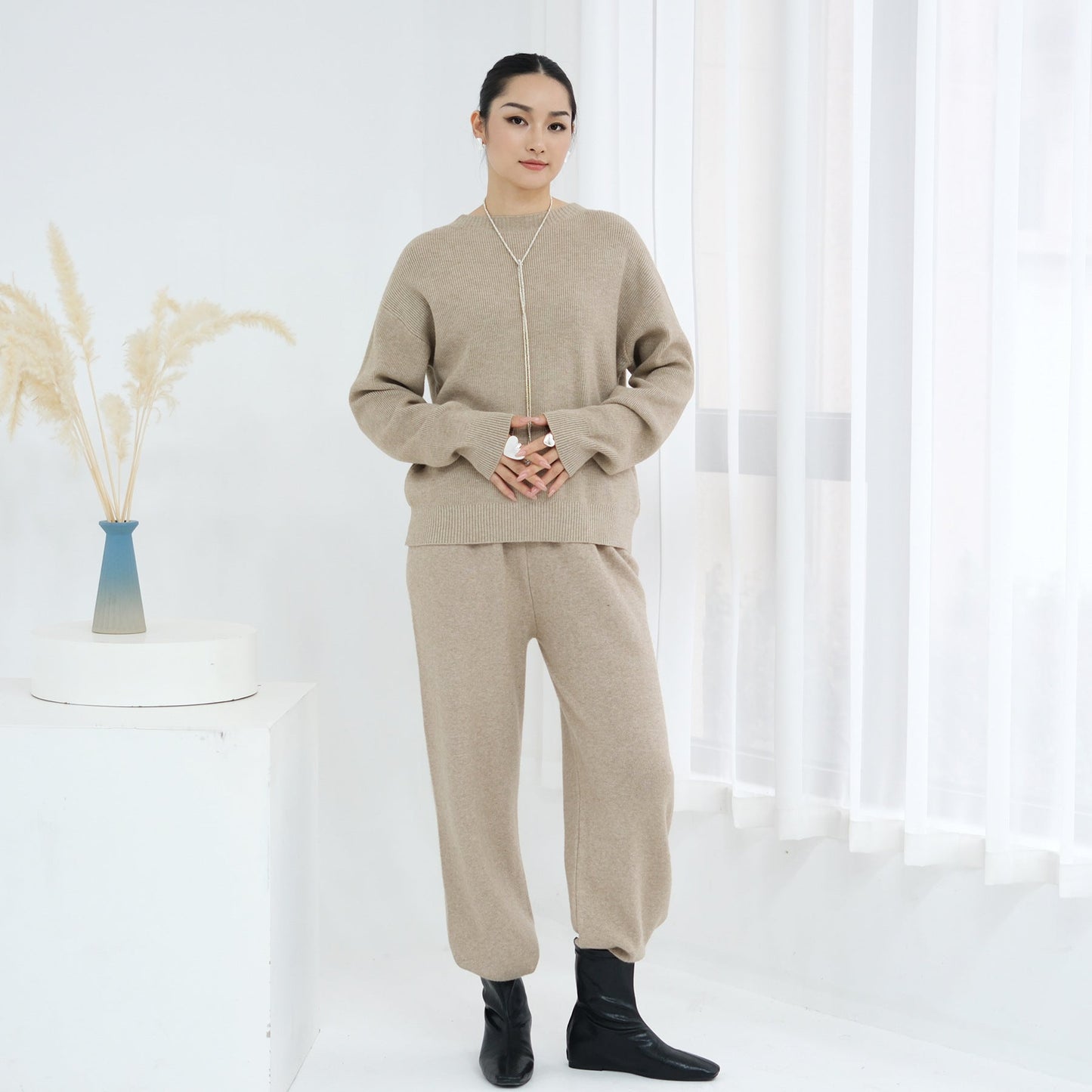 HA6595 Autumn and Winter Thickened Knitted Suit (Not Including Headscarf) | Simple Solid Color Two-Piece Suit