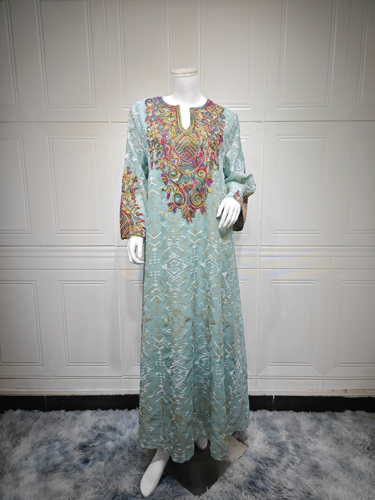 HA6663 Mesh Embroidery Patchwork Long-sleeved Dress, Robe-style Loose Fit