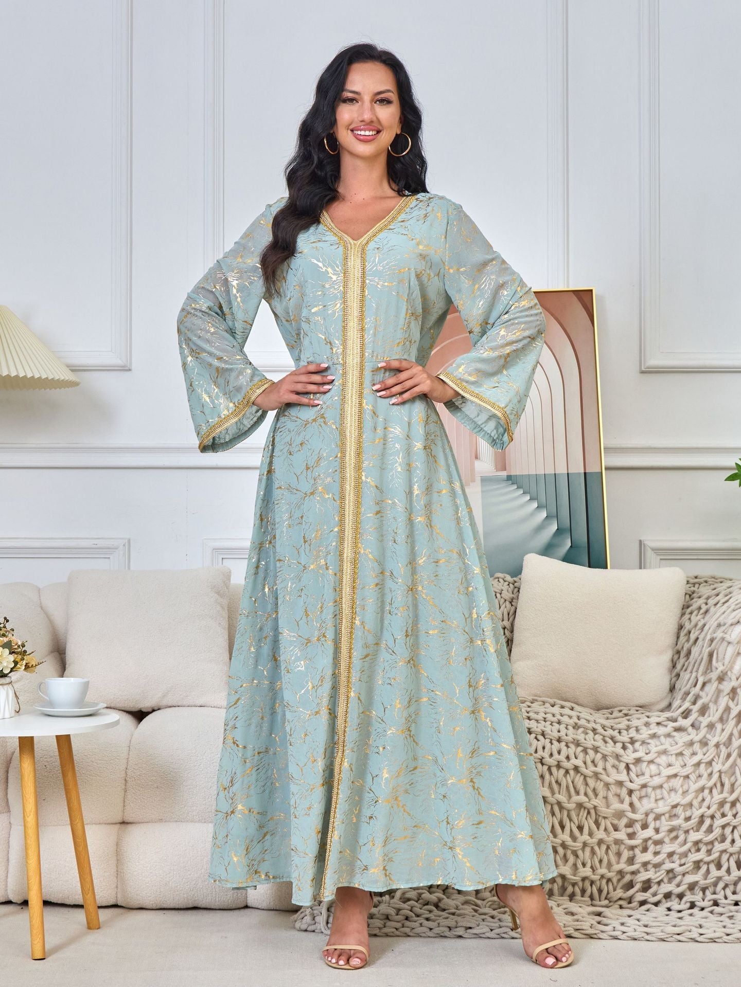 HS6731 V-neck gold-embroidered robe maxi dress