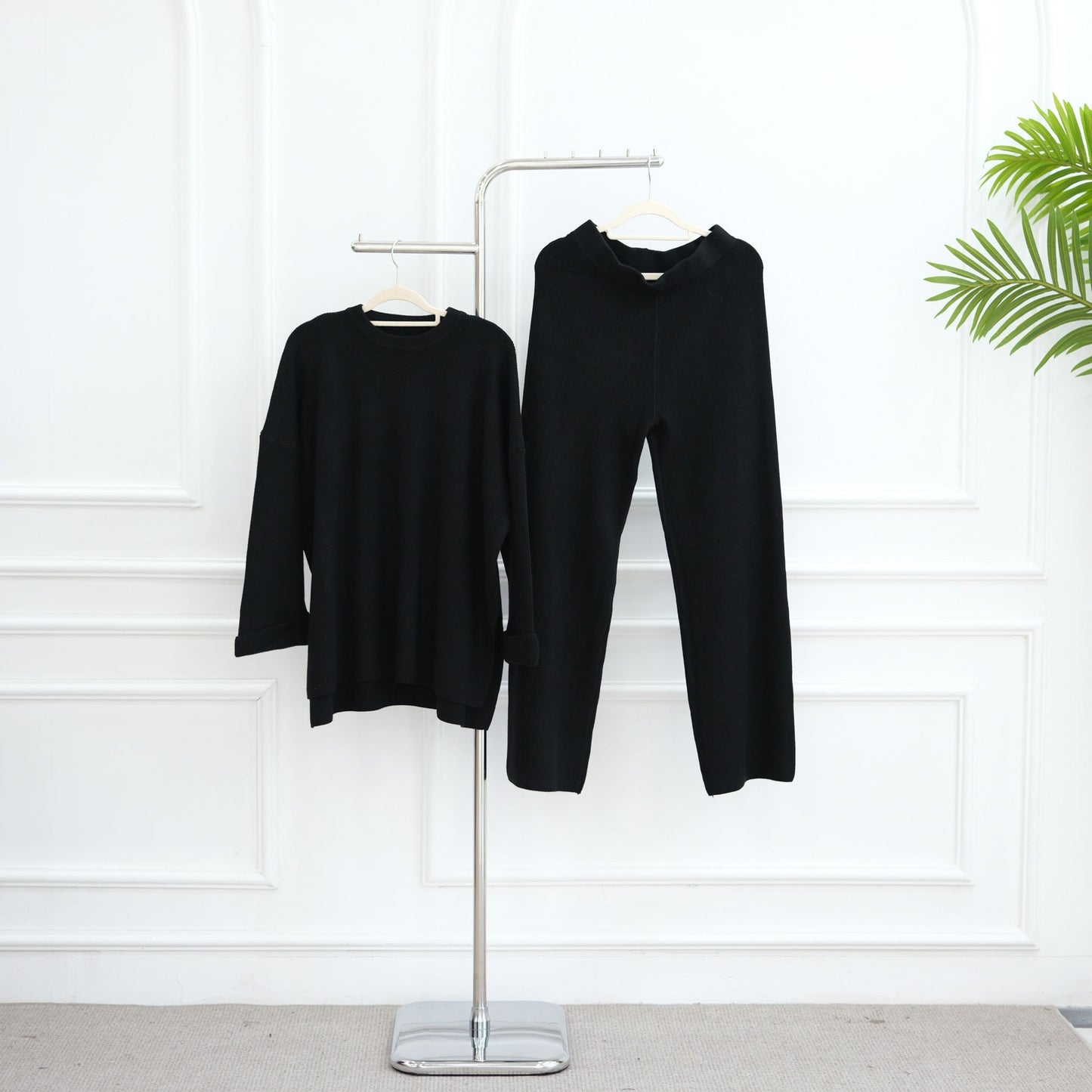 HA6599 Autumn and Winter Thickened Knitted Suit Solid Color Two-piece Suit (excluding Headscarf) Top + Trousers