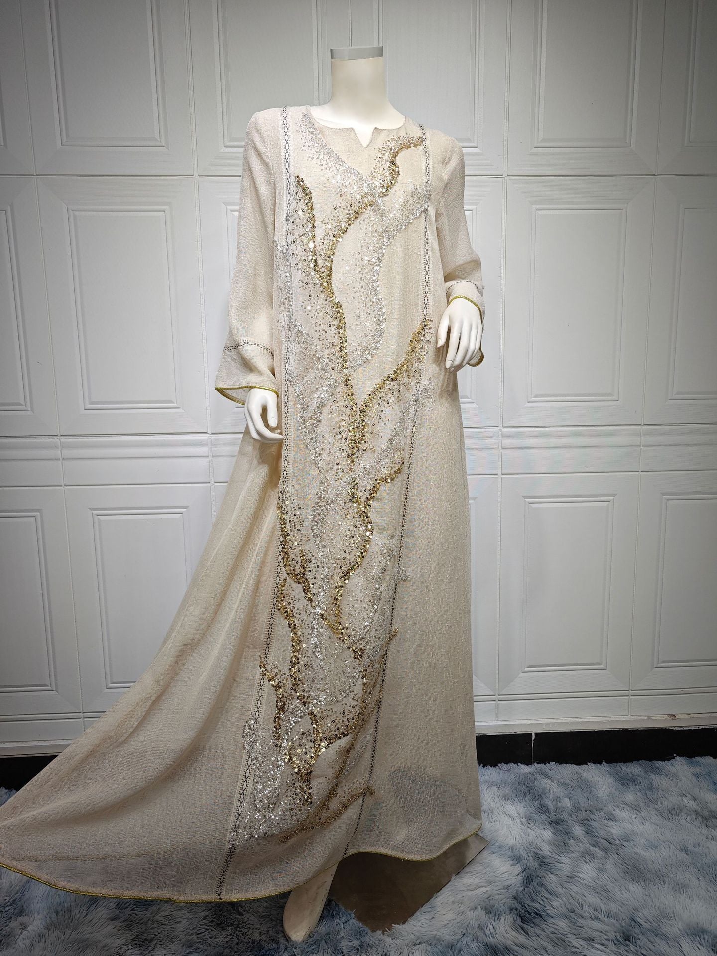 HA6637  Mesh Sequined Embroidered Long Dress
