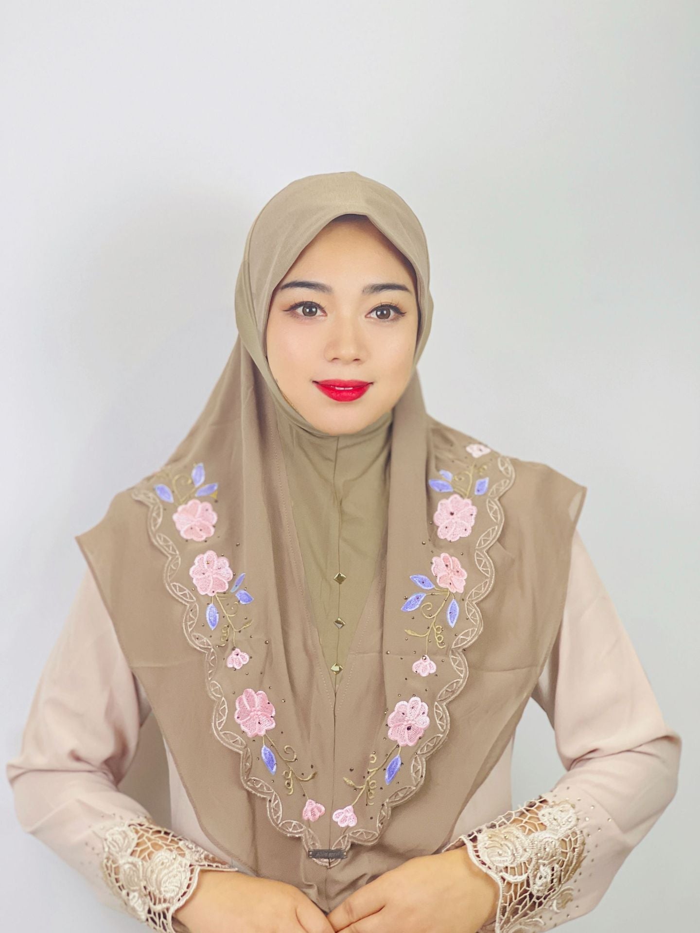 HAYA HA1105 Double Layered Floral Embroidered Lace Headscarf for Women