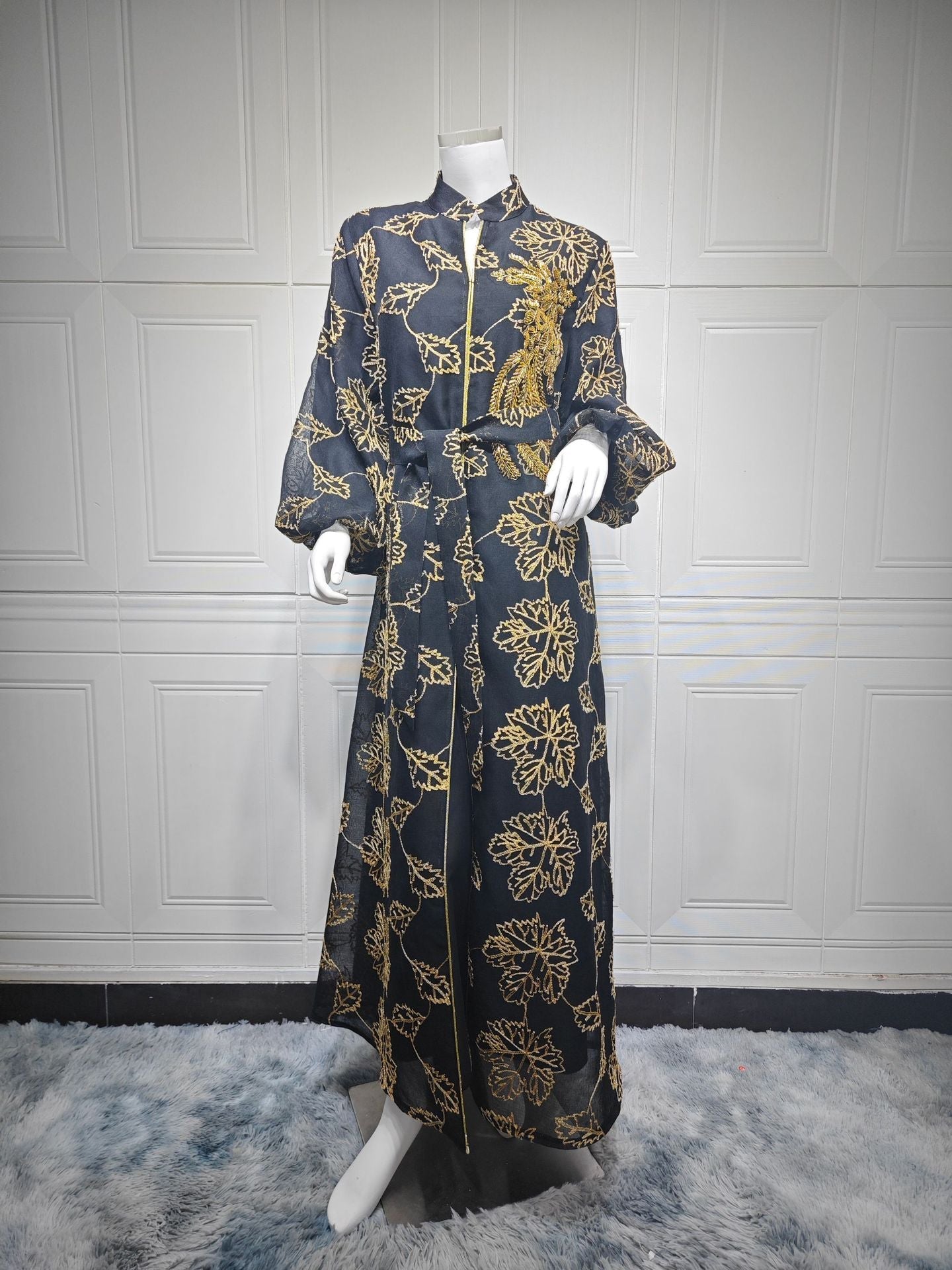 HA6651  Floral Print Long Dress, Elegant Stand-up Collar Evening Gown