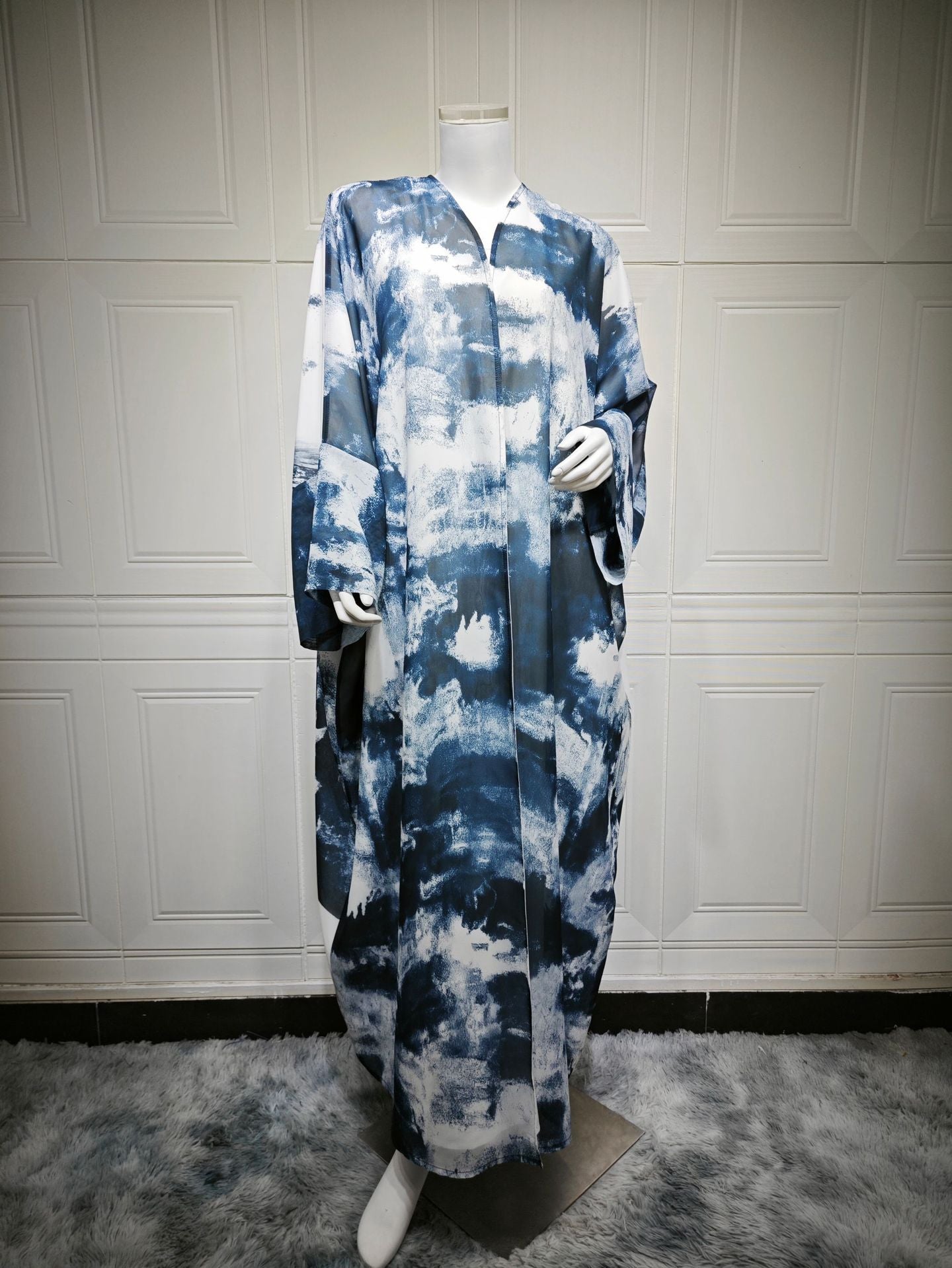 HA6638 Chiffon Printed Cardigan Two-piece Long Coat with Headscarf