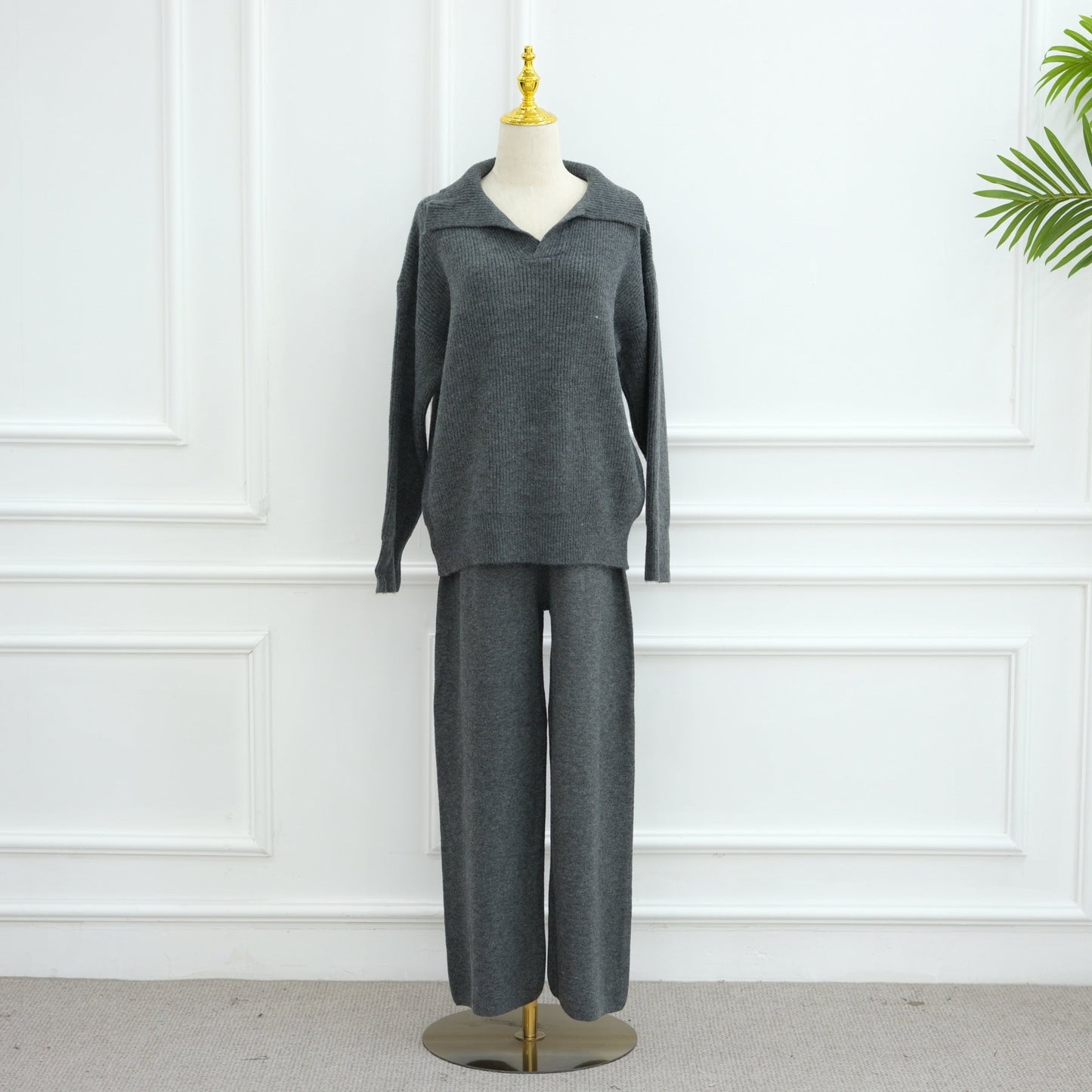 HA6594 Autumn and Winter Thickened Knitted Suit | Simple Solid Color Two-piece Suit