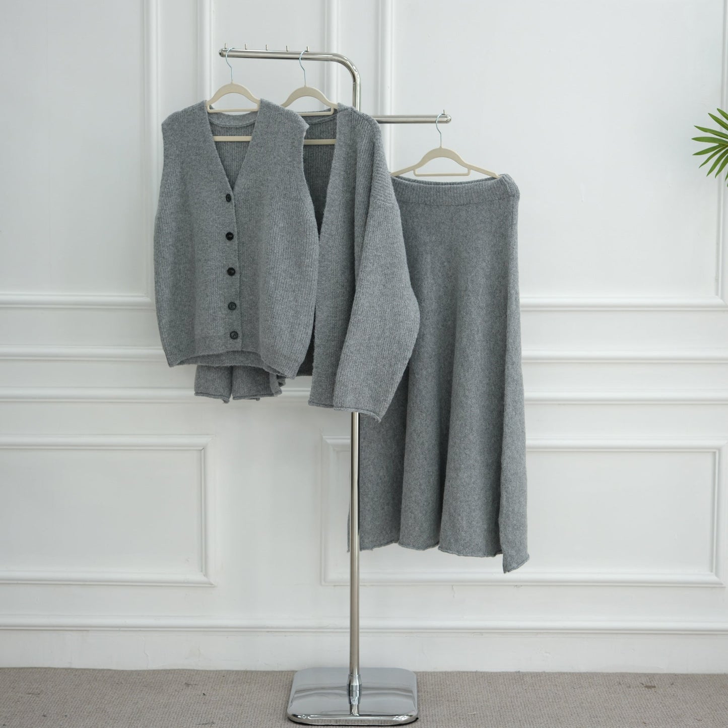 HA6596 Autumn and winter thickened knitted three-piece suit (excluding headscarf) vest + cardigan + skirt