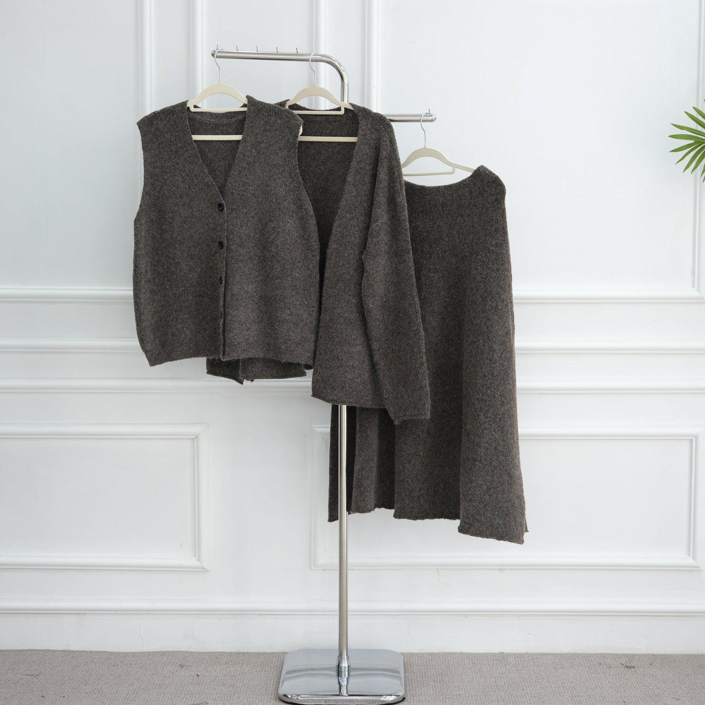 HA6596 Autumn and winter thickened knitted three-piece suit (excluding headscarf) vest + cardigan + skirt