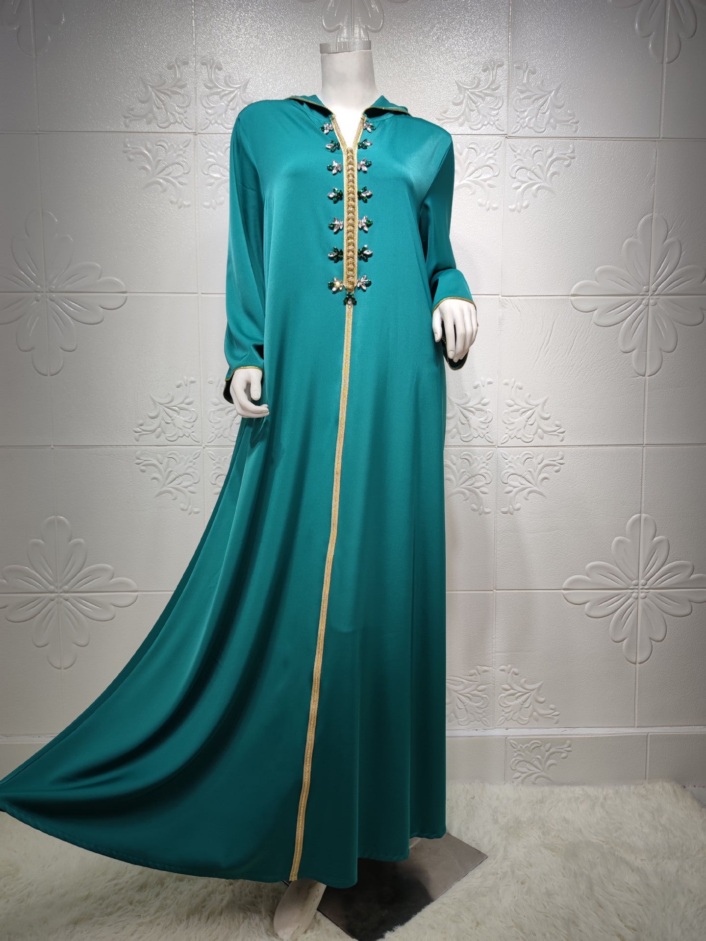 HASA's Series  HA1231 Jeweled Ribbon Satin Home Dress Abaya