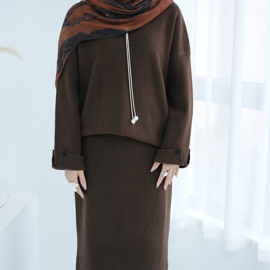 HA6601 Autumn and Winter Thickened Knitted Suit Solid Color Two-piece Skirt Suit (optional Headscarf)