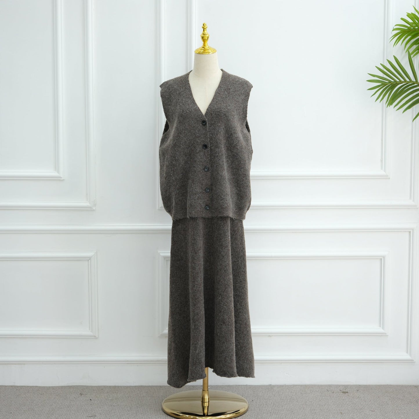 HA6596 Autumn and winter thickened knitted three-piece suit (excluding headscarf) vest + cardigan + skirt