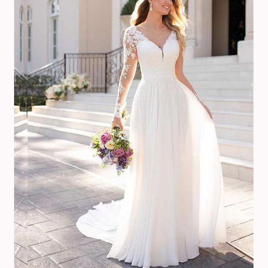 HA3494 trailing V-neck long-sleeved lawn travel backless lace light wedding dress