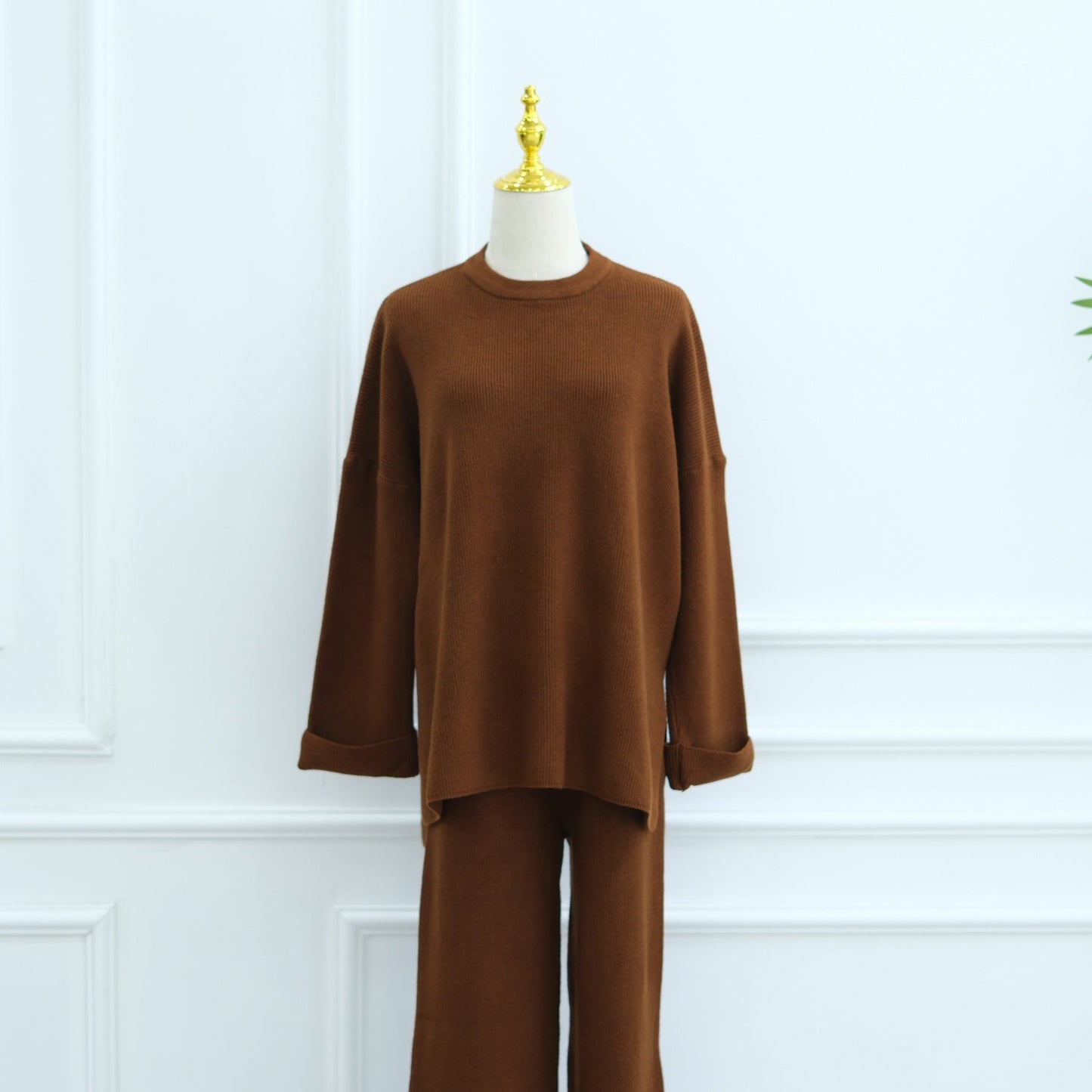 HA6599 Autumn and Winter Thickened Knitted Suit Solid Color Two-piece Suit (excluding Headscarf) Top + Trousers