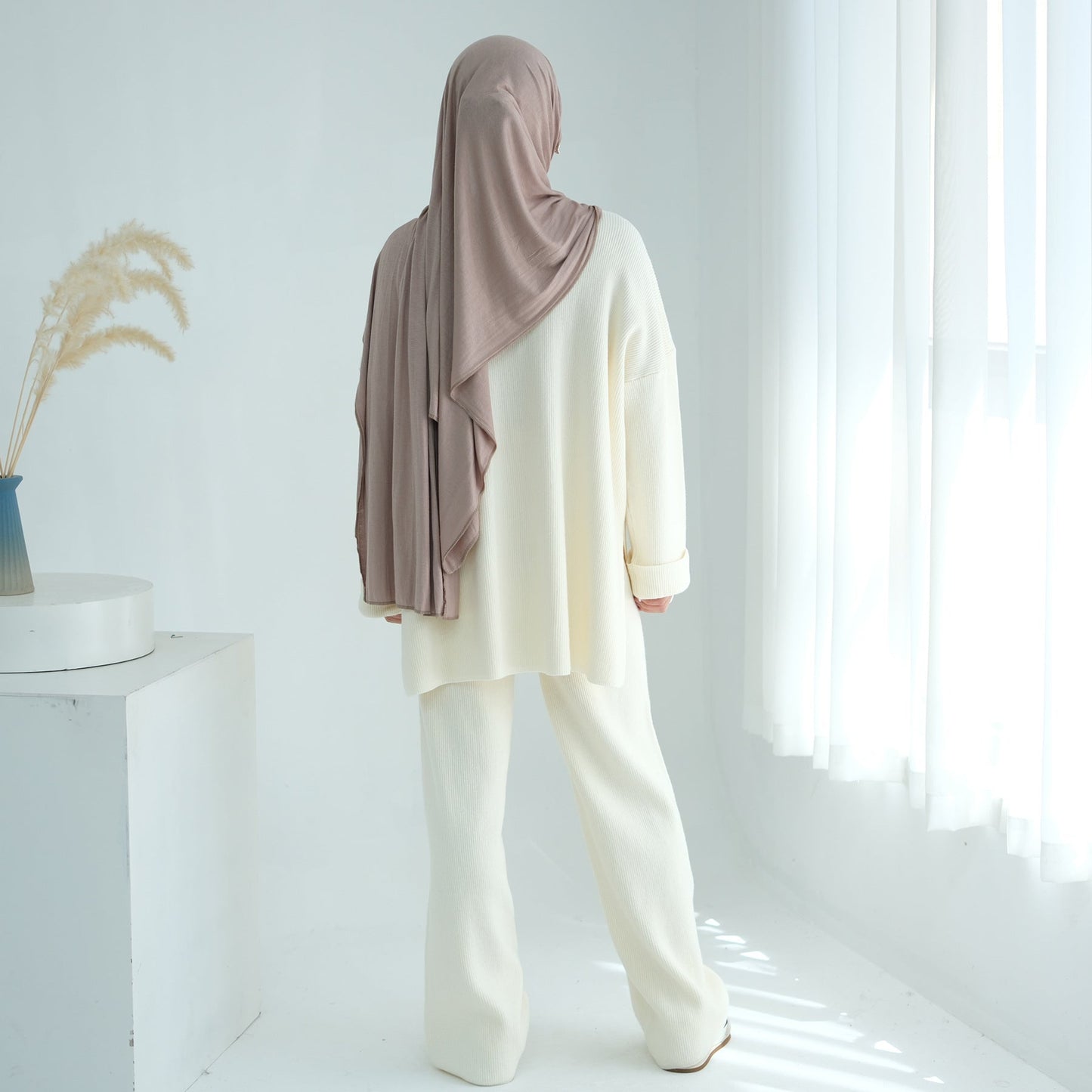 HA6599 Autumn and Winter Thickened Knitted Suit Solid Color Two-piece Suit (excluding Headscarf) Top + Trousers