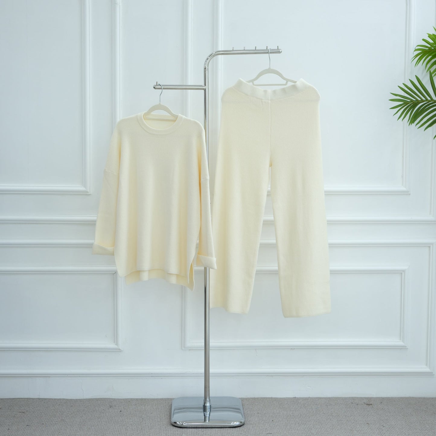HA6599 Autumn and Winter Thickened Knitted Suit Solid Color Two-piece Suit (excluding Headscarf) Top + Trousers