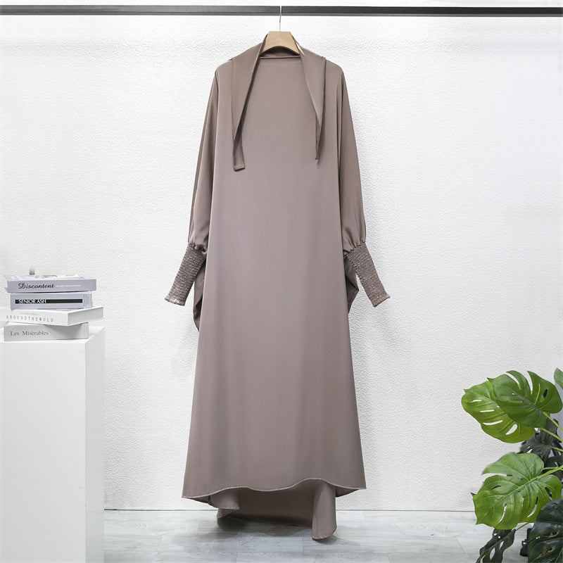 HAYA10067  Muslim Solid colour Mukena  Prayer jilbab with soft Fabric and Features elasticated cuffs and attachable Instant Hijab