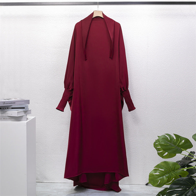 HAYA10067  Muslim Solid colour Mukena  Prayer jilbab with soft Fabric and Features elasticated cuffs and attachable Instant Hijab