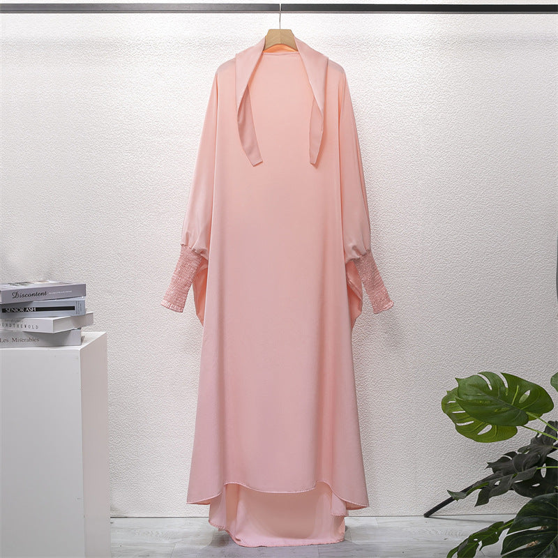 HAYA10067  Muslim Solid colour Mukena  Prayer jilbab with soft Fabric and Features elasticated cuffs and attachable Instant Hijab