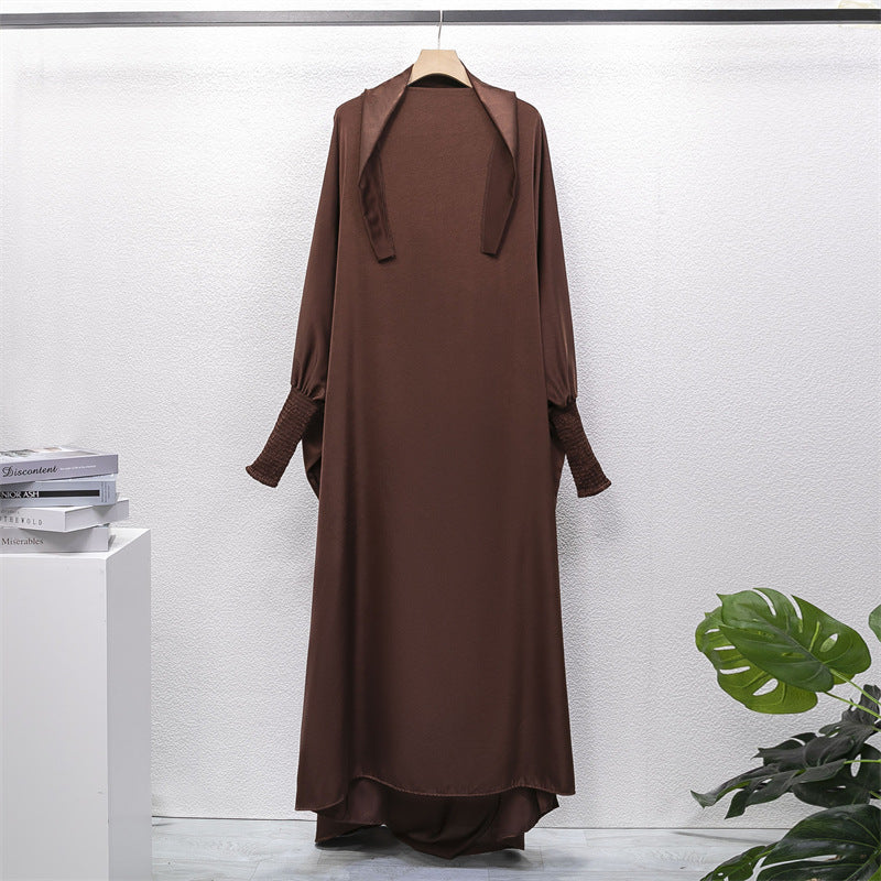 HAYA10067  Muslim Solid colour Mukena  Prayer jilbab with soft Fabric and Features elasticated cuffs and attachable Instant Hijab