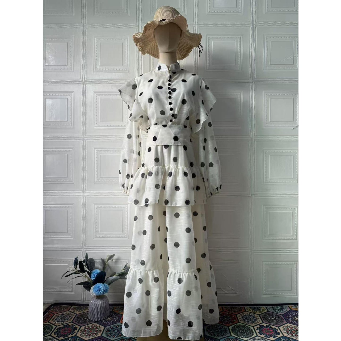 HS6732 Vintage Polka Dot Co-ord Set Puff Sleeve Blouse & Long Ruffle Skirt Outfit
