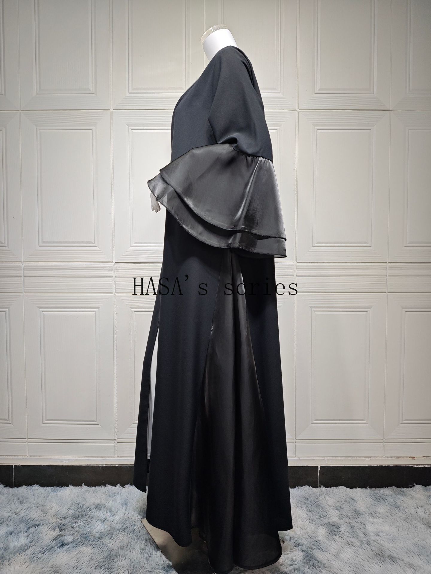HS5106 A Soft and Elegant Long Satin Dress with Classic Design and Ruffled Sleeves.
