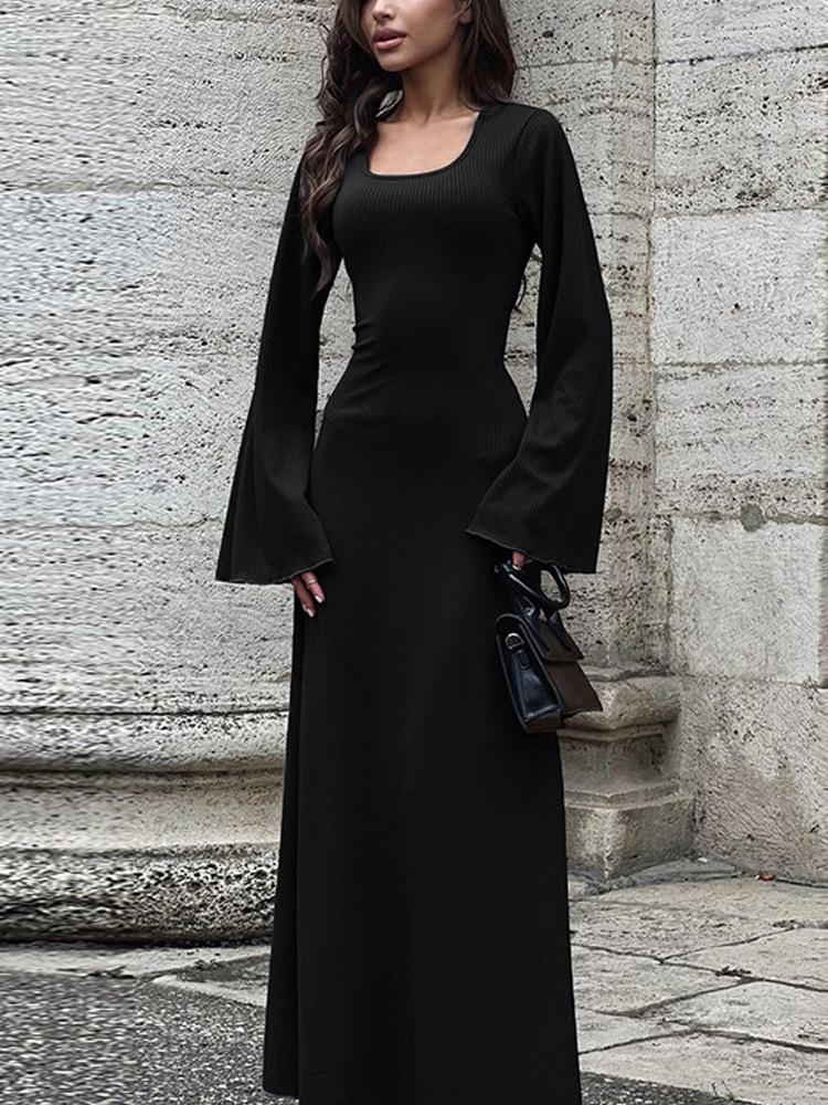 HAYA HAYA0676 Flared Long Sleeved High Waist Maxi Skirt with Lace-up Back