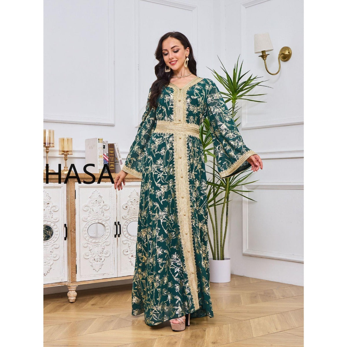 HA1249 Elegant Floral Abaya with Golden Detailing