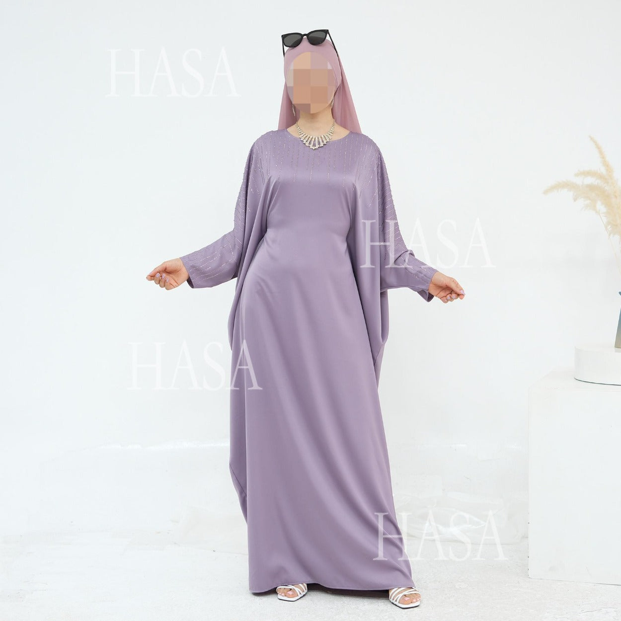 HA6610 Rhinestone-embellished long Abaya dress (headscarf not included)