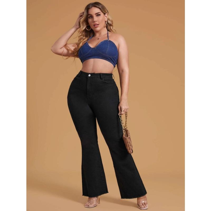 HS2331 Plus Size Black Stretchy Frayed-hem Wide-leg Flare Jeans