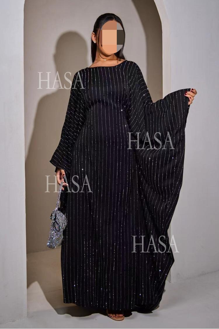 HA6483 Drape Rhinestone Gown with Simple Wide Sleeves