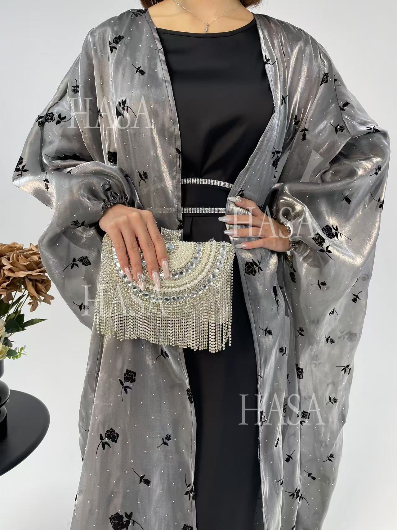 HA6536 Elegant Rose Pattern Abaya Outer Dress Set